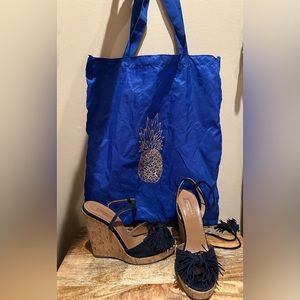 Aquazzura Navy Blue Suede Wild One Tie Up Wedges.